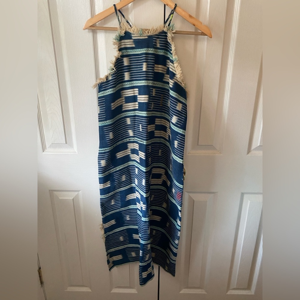 corey lynn calter anthropologie Blue Ikat Fringed Sleeveless Midi Summer Dress M